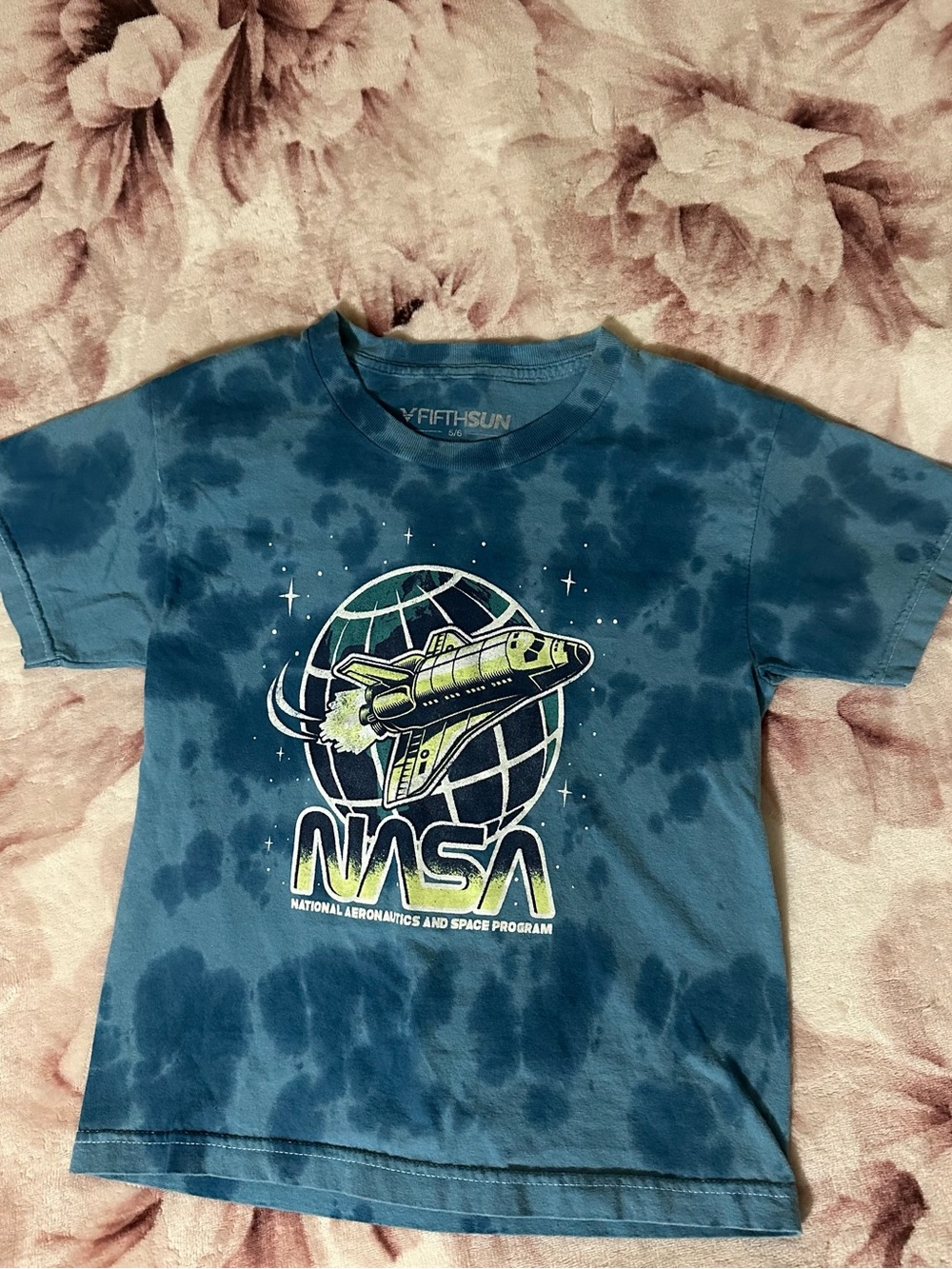 Fifth Sun Cotton Blue Tie-Dye NASA Shuttle Kids T-Shirt with Green Accent